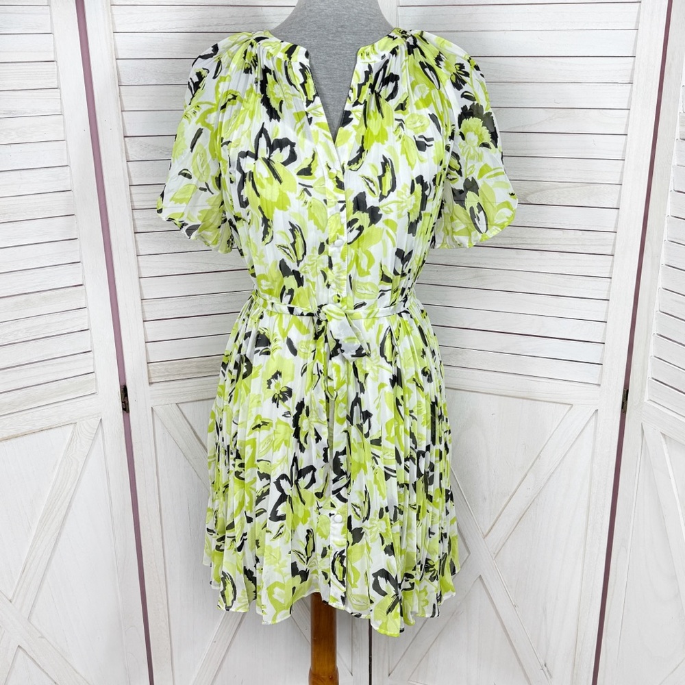 Cato Floral Pleated Chiffon Dress Flutter Sleeve Belted Green White Small